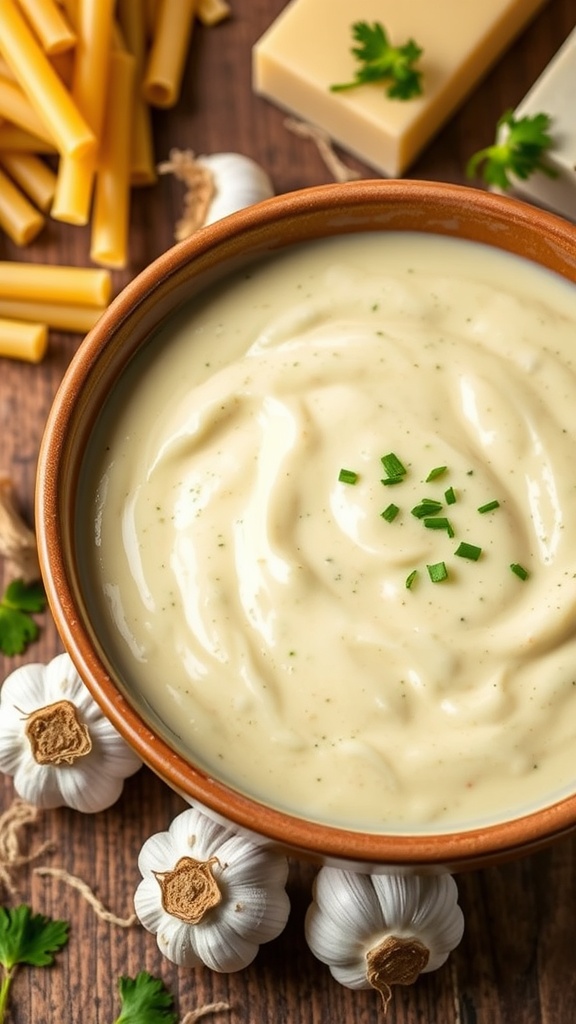 Creamy garlic parmesan sauce in a bowl with garlic and parsley on a wooden table.